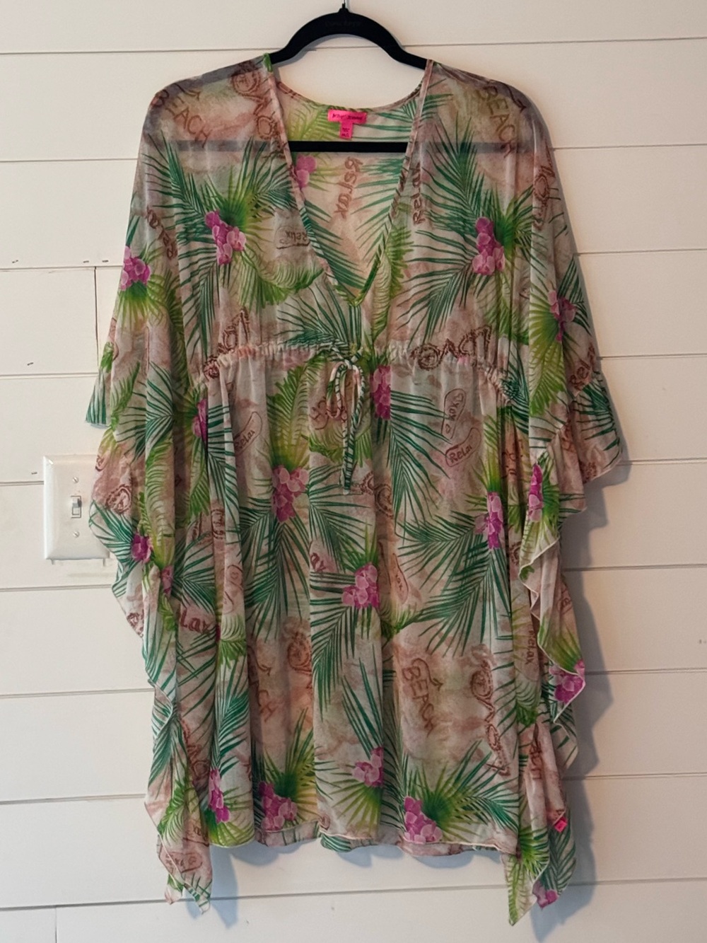 Betsey Johnson Tropical Palm Print Swim Coverup, Knit Chiffon Caftan